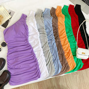 气质修身 褶皱背心连衣裙女夏季 显瘦包臀短裙 性感斜领露肩无袖 时尚