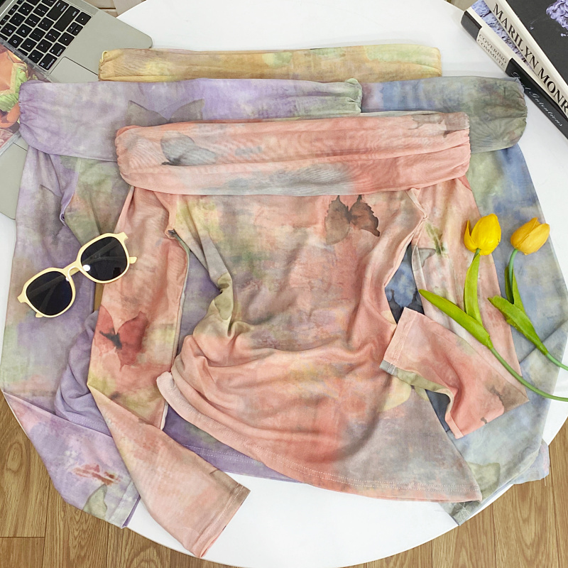 一字领印花长袖不规则T恤上衣女