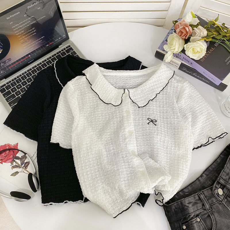 修身甜美单排扣短袖格纹衬衫