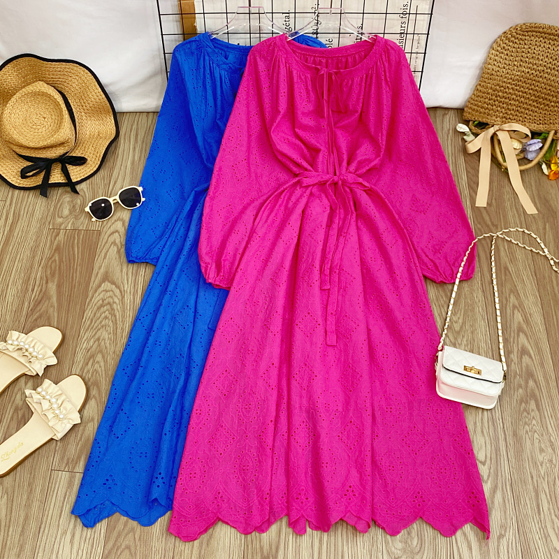 圆领镂空长袖绑带收腰连衣裙长裙