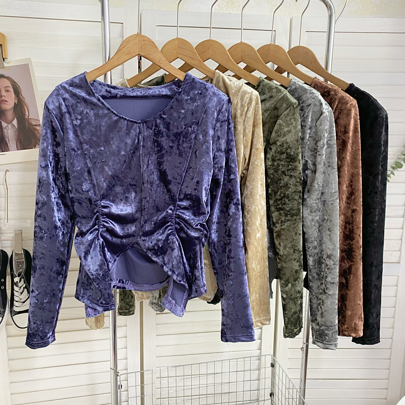 长袖气质V领金丝绒褶皱不规则T恤