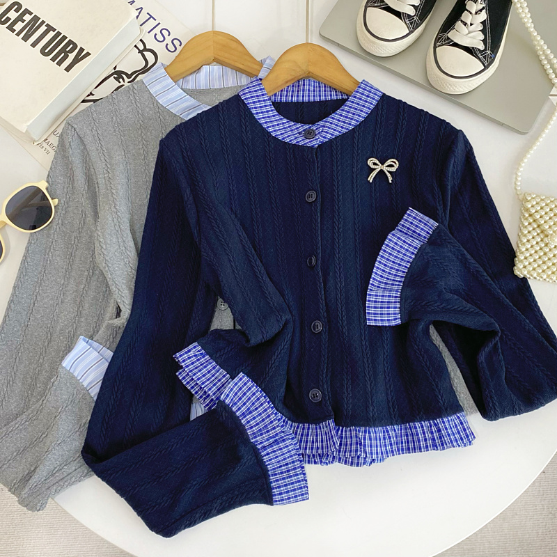 长袖设计感圆领蝴蝶结装饰T恤