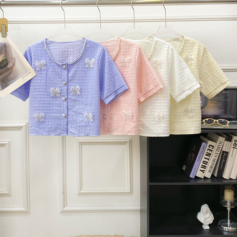 2026春夏新款甜美重工钉珠立体蝴蝶泡泡格纹单排扣短袖衬衫上衣女,女装/女士精品,衬衫,淘宝优惠券,粉丝福利购,淘宝优惠卷