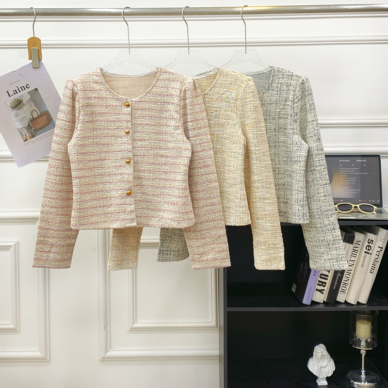 圆领单排扣长袖粗花呢短款外套女