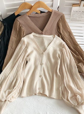 雪纺拼接泡泡长袖单排扣V领针织衫2021秋冬新款修身显瘦打底衫女