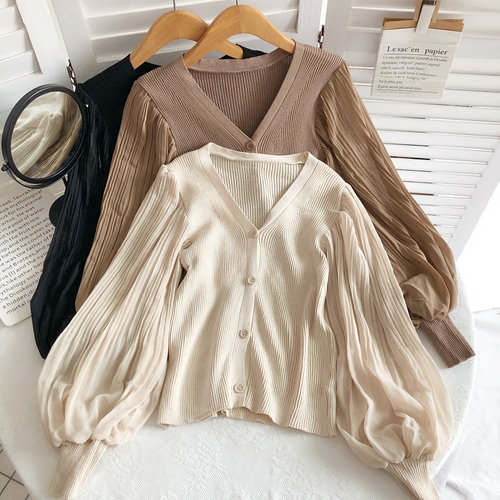 雪纺拼接针织打底衫v领针织排扣