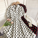 小清新气质百搭V领波点印花中长款 法式 桔梗连衣裙女 新款 2022夏季