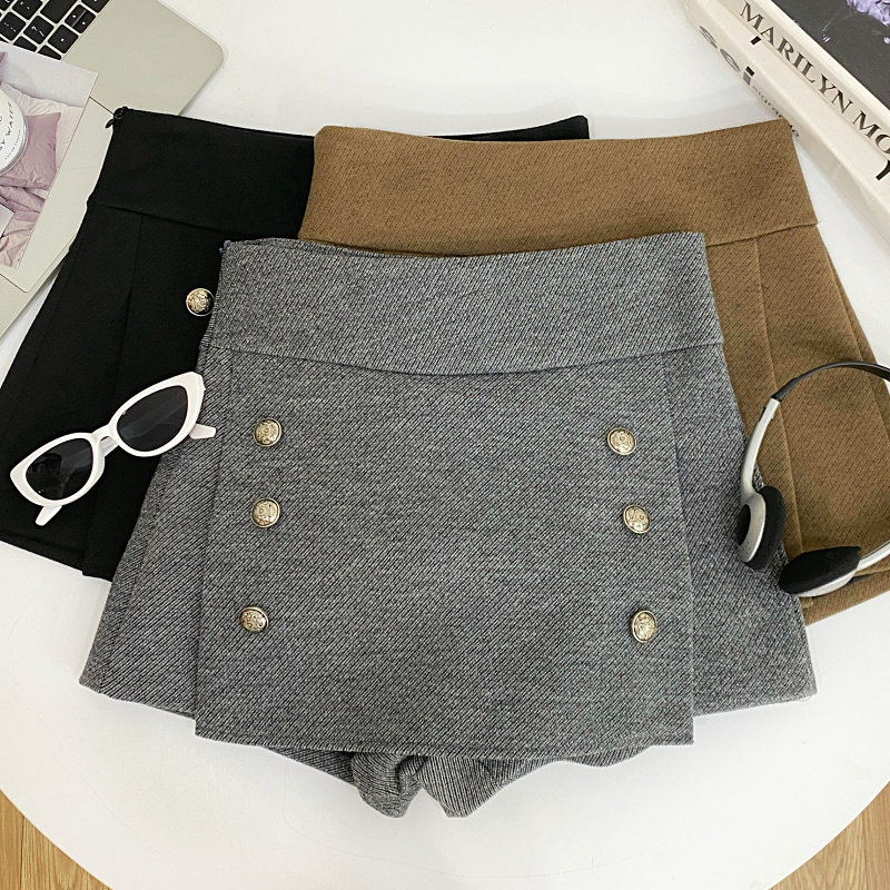 设计感百搭双排扣毛呢裙裤女2025秋冬新款高腰显瘦A字阔腿裤短裤