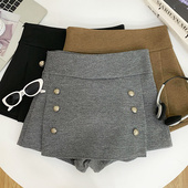 设计感百搭双排扣毛呢裙裤 短裤 女2025秋冬新款 高腰显瘦A字阔腿裤