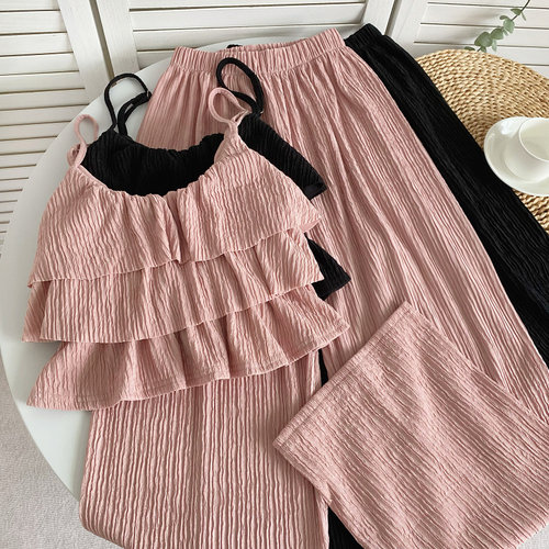 层层吊带2023夏褶皱阔腿长裤套装