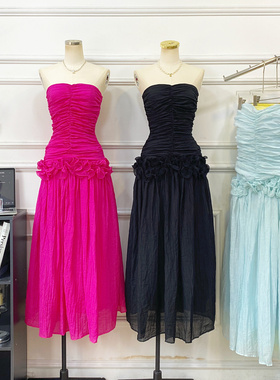 2025秋季新款设计感优雅抹胸立体花边褶皱收腰显瘦连衣裙长裙女