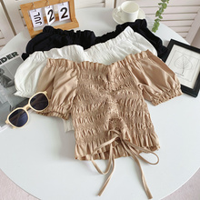 一字领露肩锁骨上衣女夏季新款抽绳褶皱泡泡袖短袖露脐短款衬衫