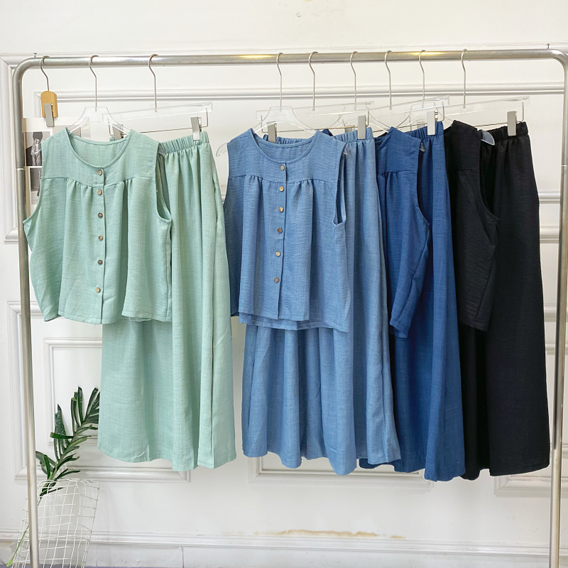 圆领单排扣无袖上衣半身裙两件套