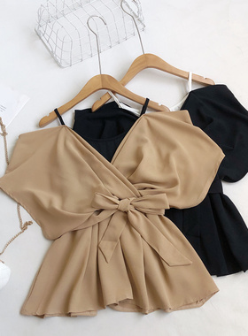 夏季新款时尚性感吊带宽松显瘦收腰系带假两件短款衬衫上衣女