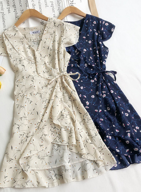 夏季新款时尚性感V领雏菊印花高腰系带不规则荷叶摆一片式连衣裙