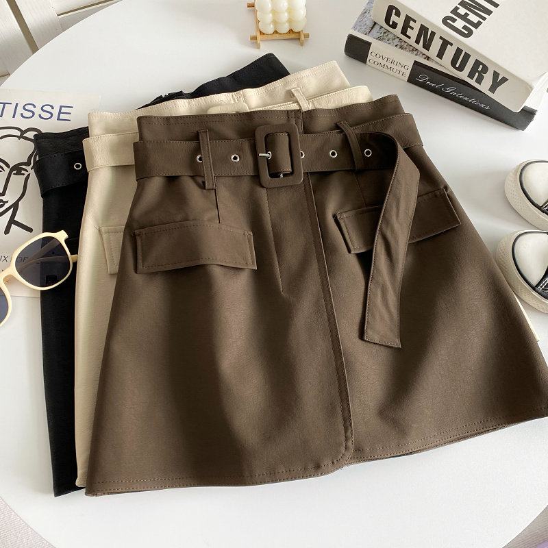 短裙A字百搭PU皮配皮带半身裙