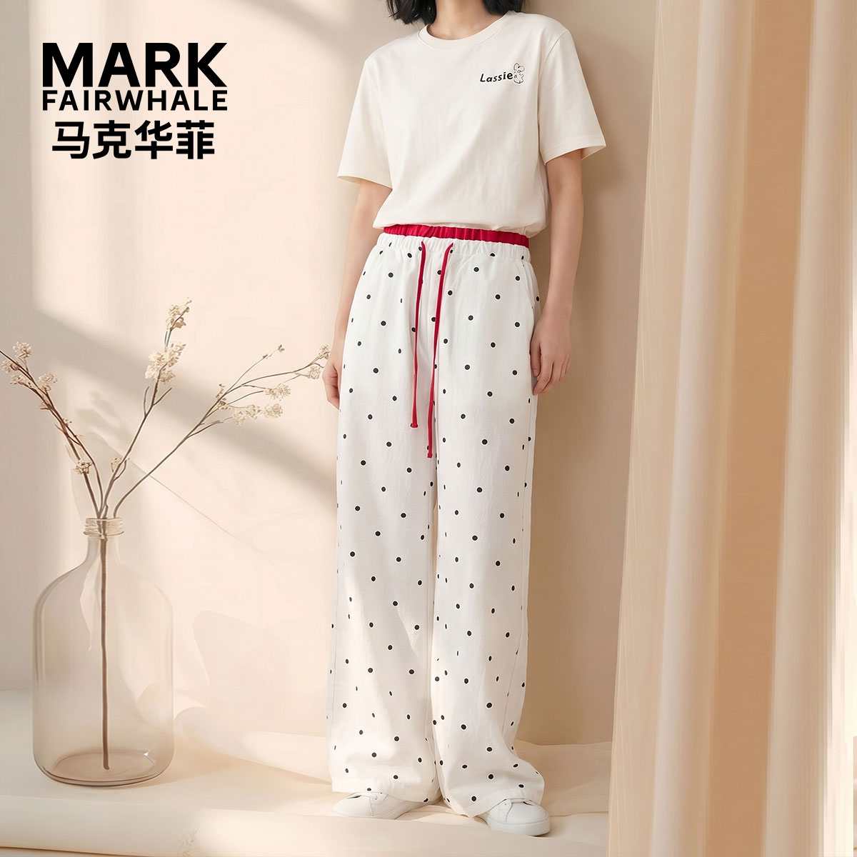 马克华菲波点阔腿休闲裤女夏季