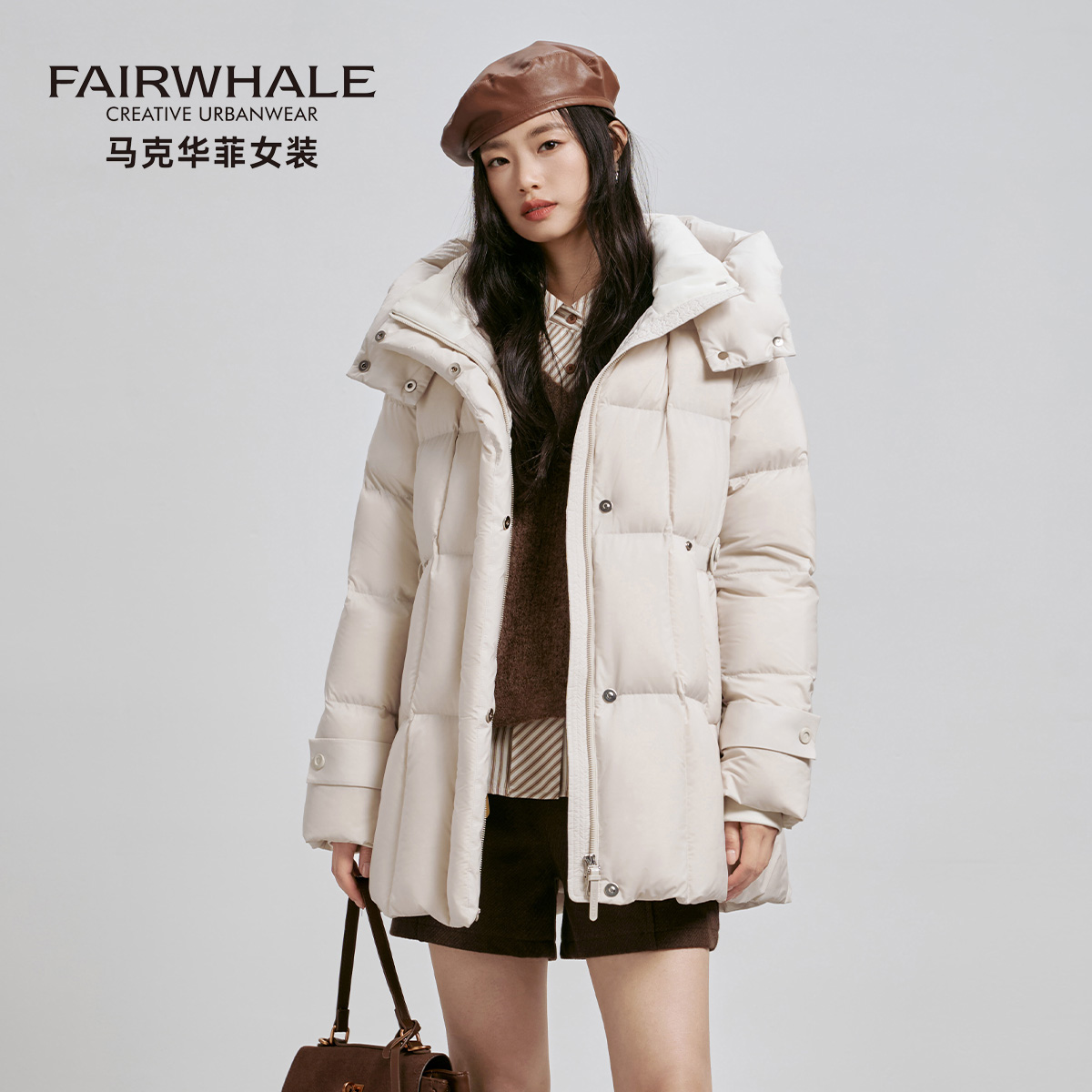 马克华菲冬季鹅绒羽绒服女中长款