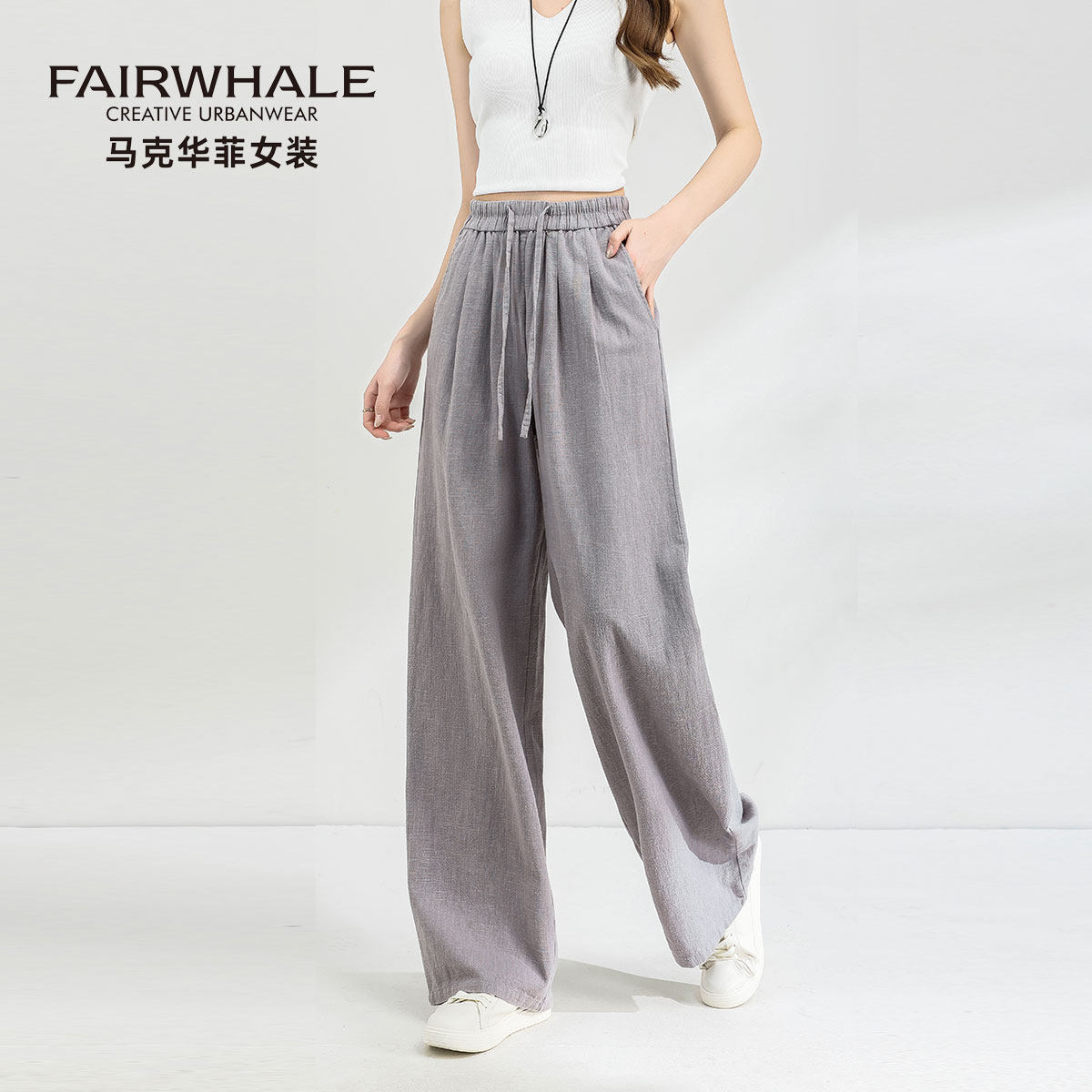 马克华菲棉麻阔腿休闲裤女夏季薄