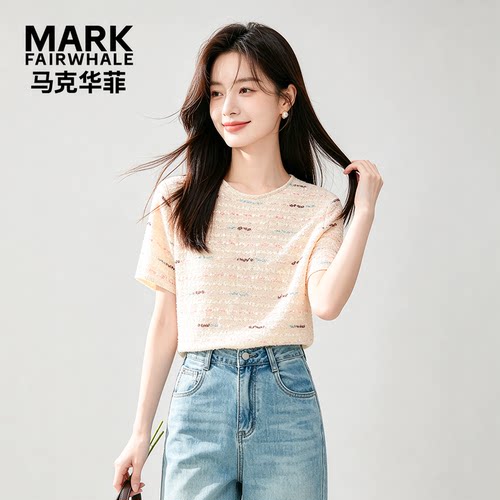 马克华菲女装小香风百搭亮片T恤女夏季高级感短袖上衣Y63115B676