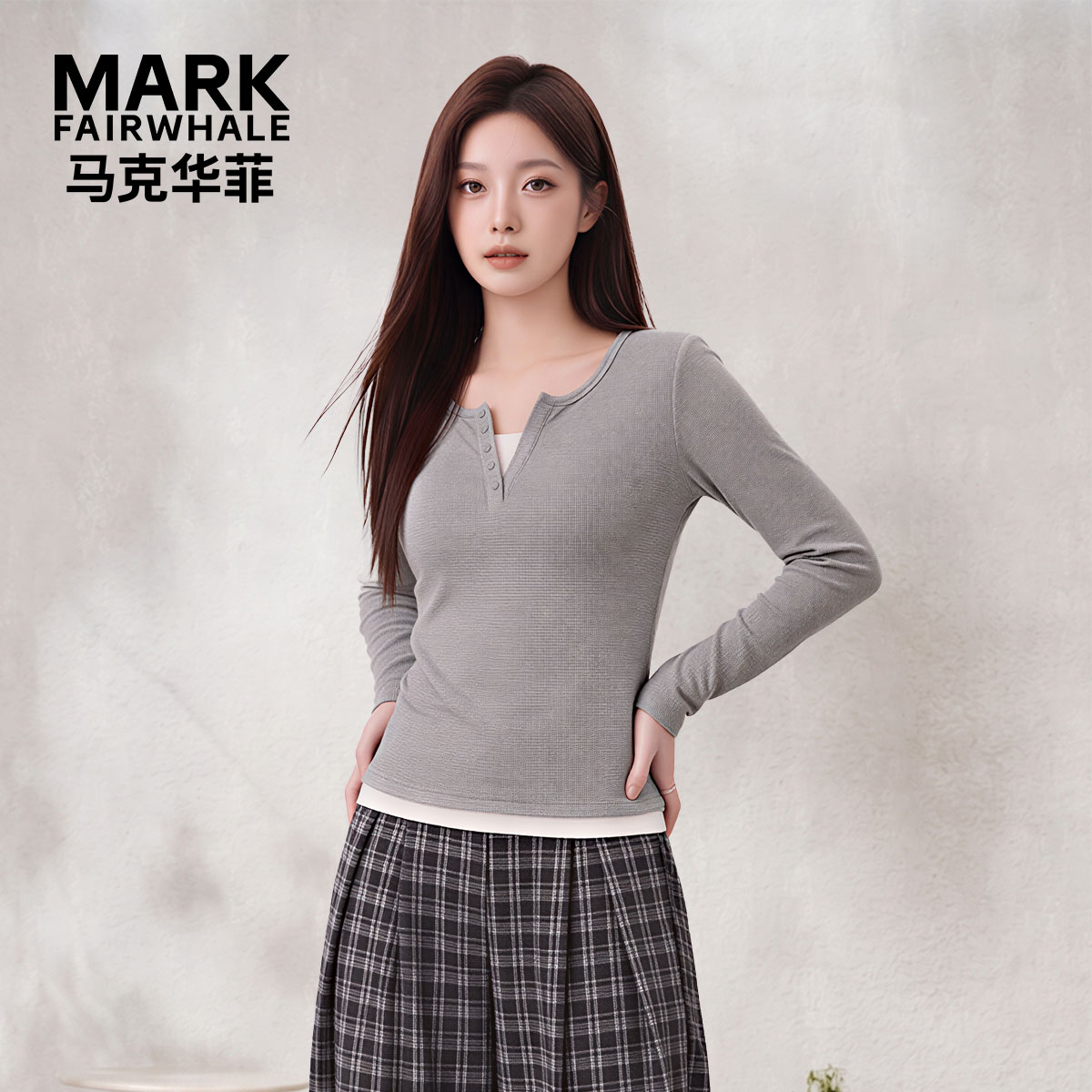 马克华菲假两件长袖打底衫上衣女