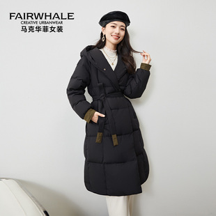 马克华菲过膝长款羽绒服女收腰显瘦黑色百搭保暖冬装2025冬季新款