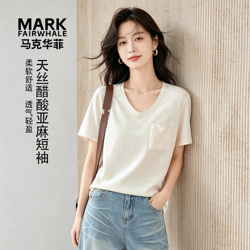 马克华菲女装短袖t恤女亚麻宽松休闲简约慵懒随意上衣YB73112085