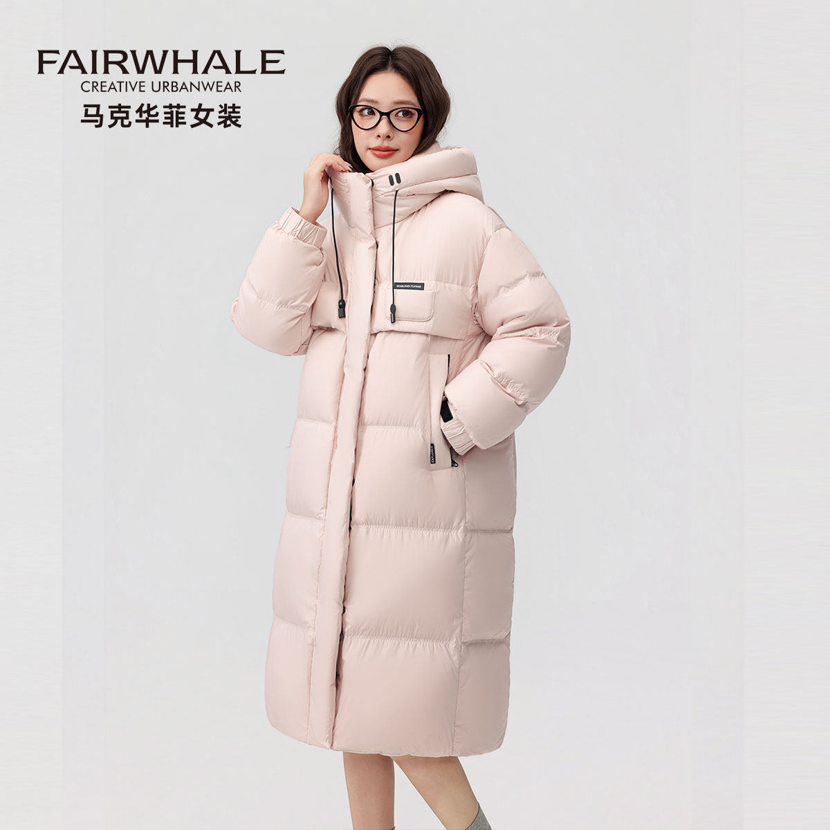 马克华菲中长款羽绒服女连帽保暖