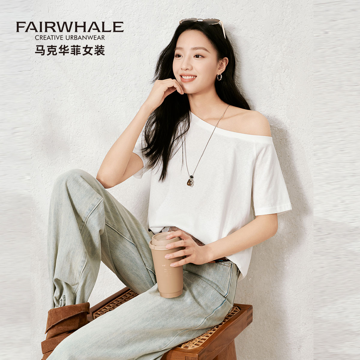 马克华菲斜肩短袖T恤女夏季露肩
