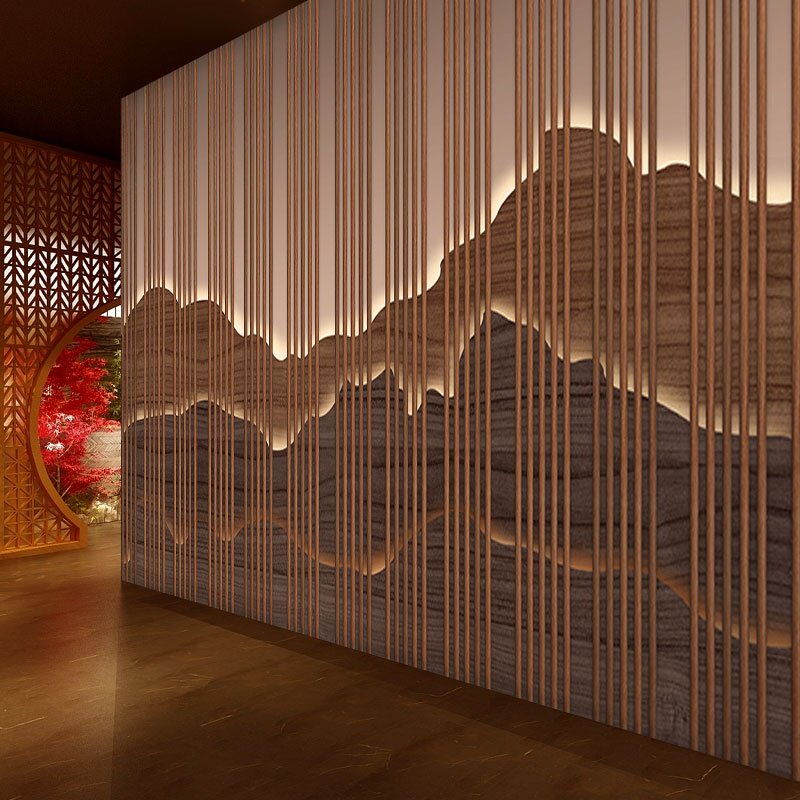 新中式壁纸竖条木格栅采耳店足疗头疗养生馆背景墙布茶室书房墙纸