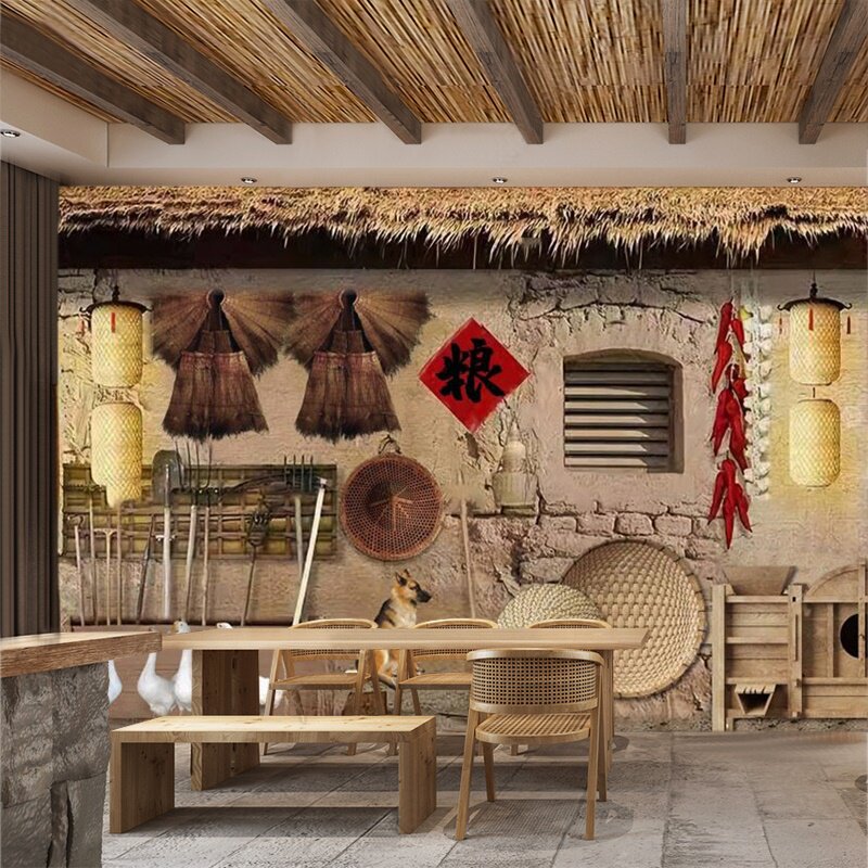 东北土菜馆饭店墙纸壁画怀旧农村耕种农具产品直播背景墙复古壁纸