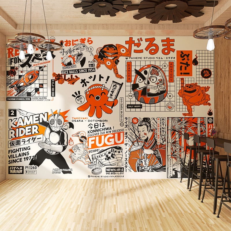手绘抽象章鱼漫画墙纸日式餐厅拉面馆寿司料理店装饰背景墙壁纸图片
