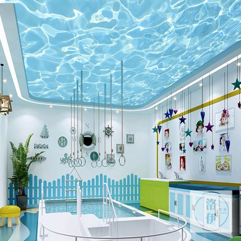 水波纹海水墙纸婴儿游泳馆吊顶壁画海底世界背景墙布海洋风格壁纸