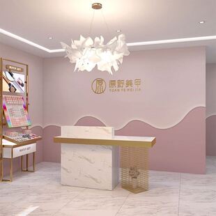 美容院墙纸简约ins弧形造型壁纸蓝粉色化妆纹绣美甲店前台背景墙
