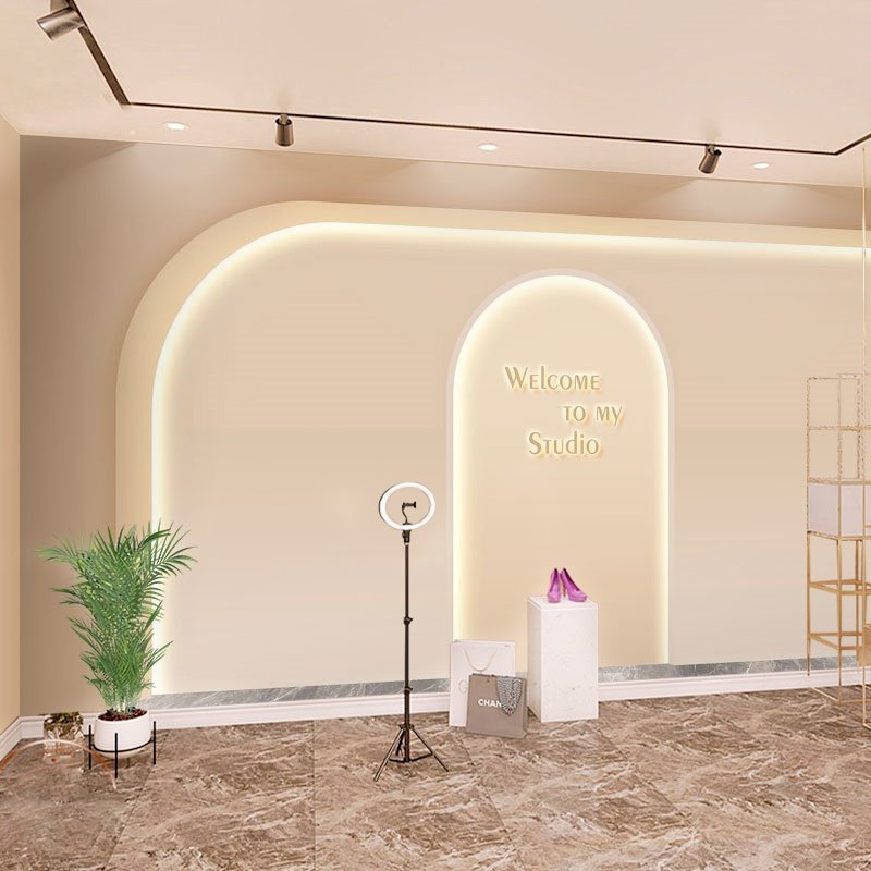 高级直播间背景墙布美容院前台吧台logo形象墙壁纸女装店装饰墙纸