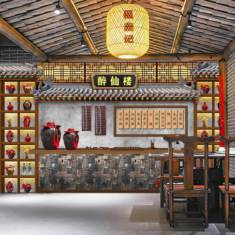 武侠古风酒馆墙纸3d古代客栈直播背景布中式农家乐餐厅酒坊壁纸画
