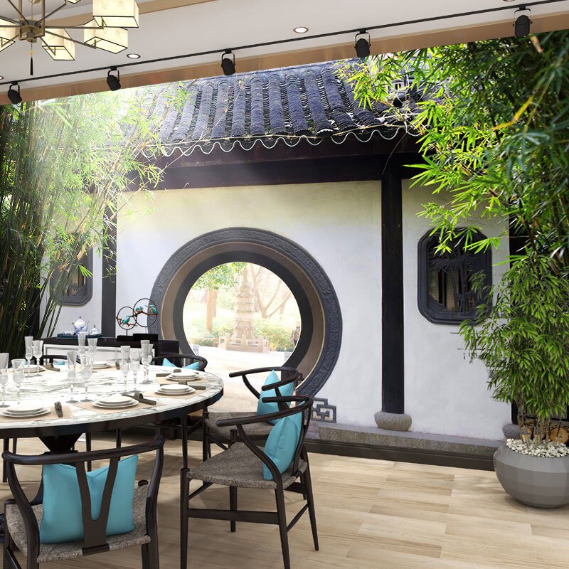 新中式庭院墙纸古典徽派建筑壁纸茶舍茶室背景墙酒楼饭店包间壁画