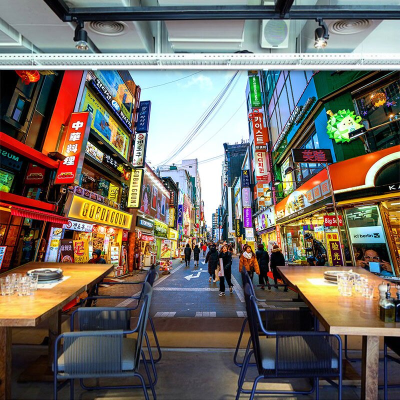韩国城市建筑街景夜景墙纸韩式料理店韩餐馆烤肉店背景墙民宿壁纸