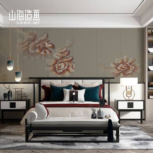 山海造画 丹贵 新中式马赛克牡丹墙布客厅沙发背景包厢定制壁画