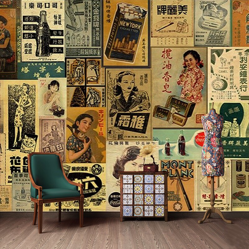 怀旧老上海民国风格背景墙纸复古美女旗袍壁画广告画报旧报纸壁纸