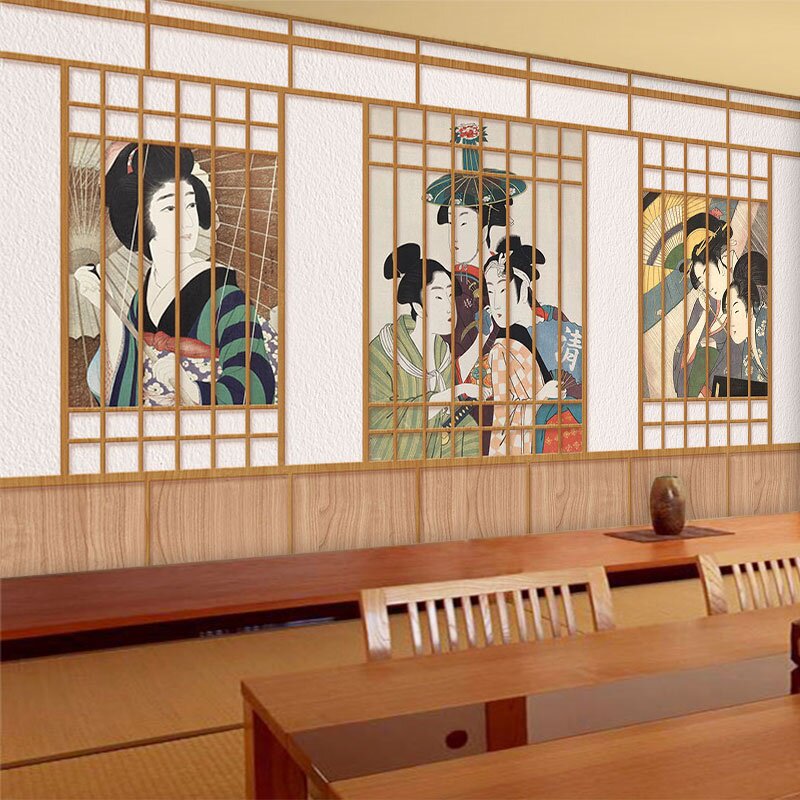 日式风格墙布日本料理寿司店侍女浮世绘和风壁纸壁画日系装修墙纸