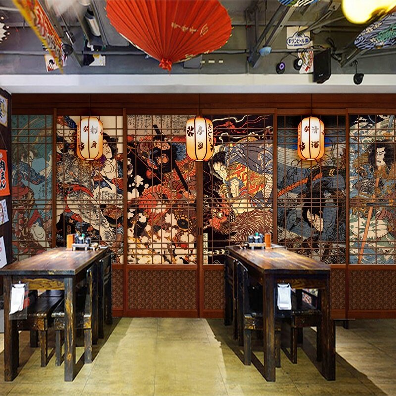 日式屏风壁纸日本武士壁画刺青纹身店背景墙日料店包厢居酒屋墙纸