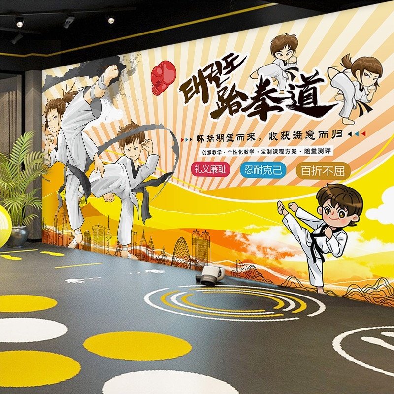 少儿跆拳道壁纸武术武馆教室文化图墙纸背景墙布装饰道馆散打壁画