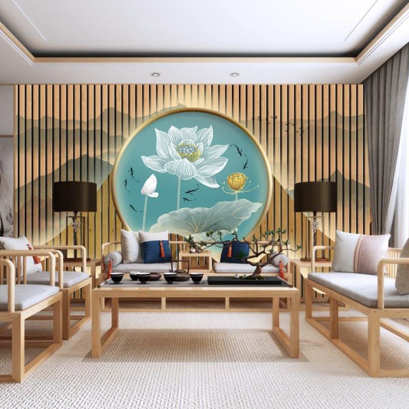 3d立体新中式装修仿木格栅荷花背景墙装饰壁画高级壁纸养生馆墙纸图片