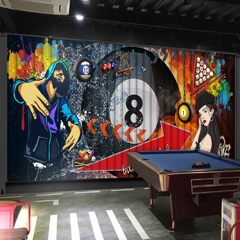 台球厅装修壁纸复古个性涂鸦墙绘背景墙装饰斯诺克撞球桌球室壁画
