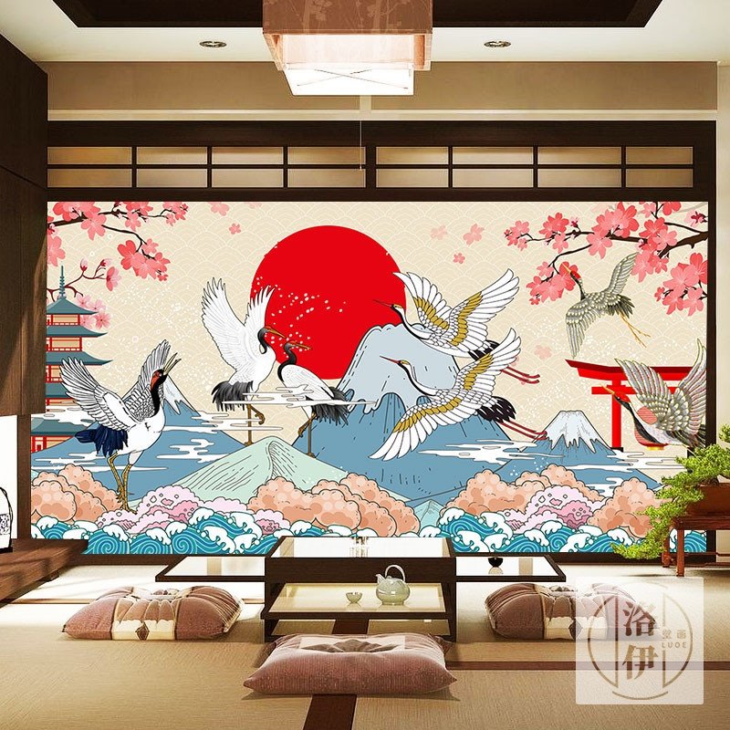 日系装修日式风格壁画和风浮世绘墙纸日本富士山仙鹤祥云墙布壁纸