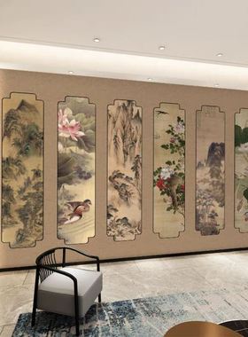 中式墙纸中国风山水背景墙壁纸饭店雅间装修茶楼装饰古画屏风墙布