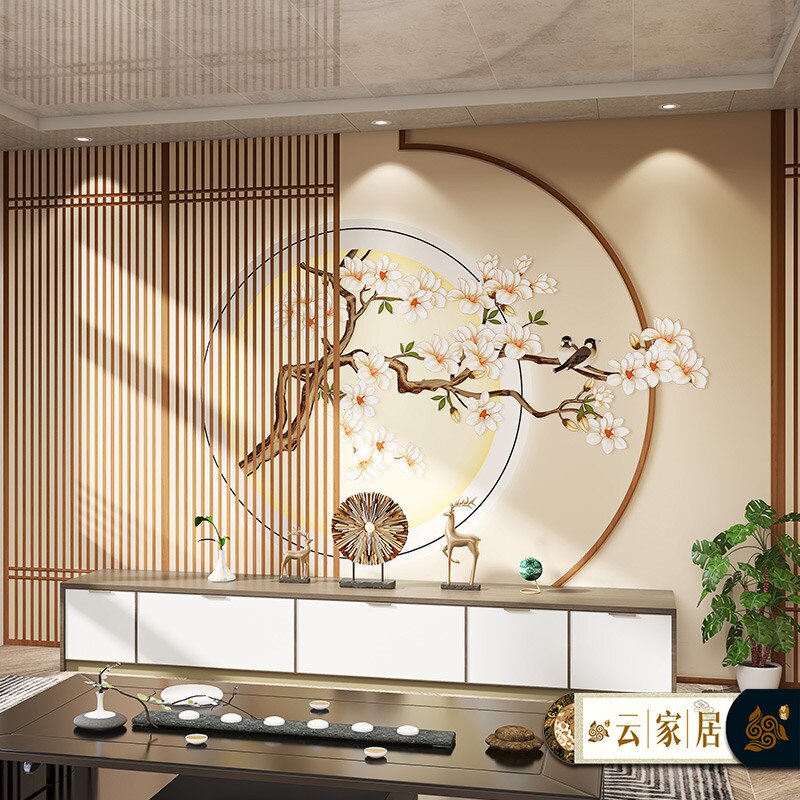 中式花鸟自拍馆茶室墙纸中医头疗美容院采耳养生馆装饰壁纸复古