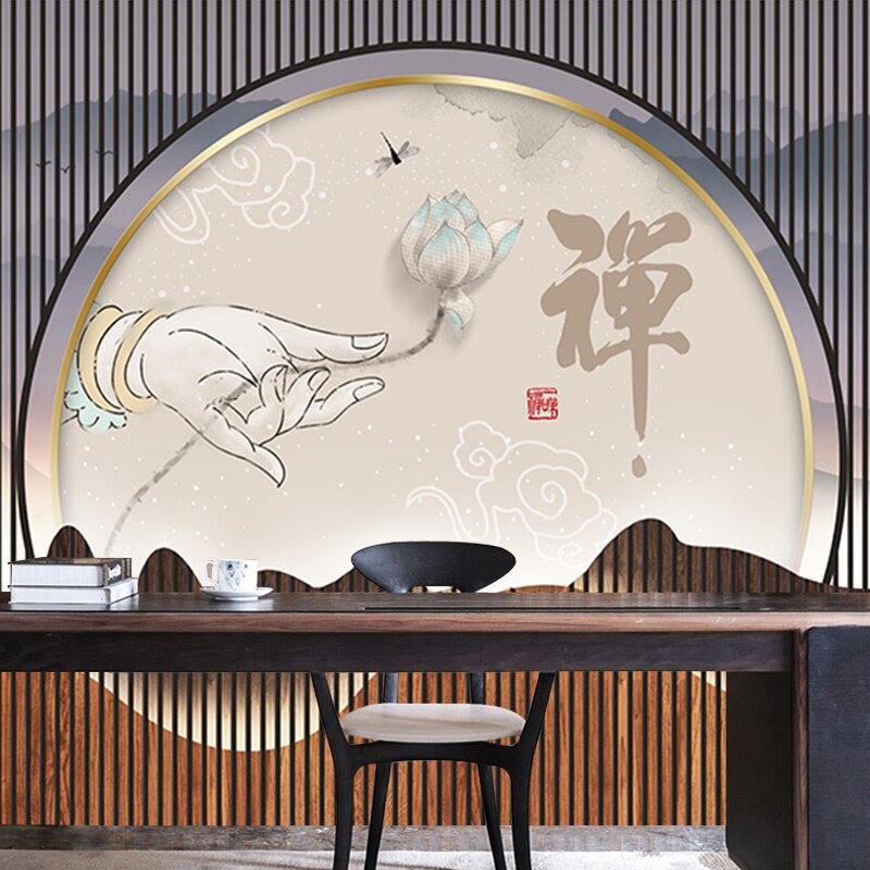 禅意佛手佛系装饰壁画酒店会所养生馆前台背景墙纸客厅山水画壁纸