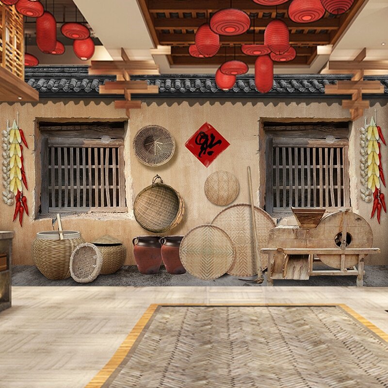 农家乐农庄墙纸乡村土房子装修农产品助农直播背景墙布铁锅炖壁纸